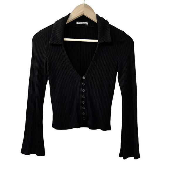 Reformation Collared Ribbed Spencer Top Size S Black Cropped Retro Button Front - Picture 1 of 6